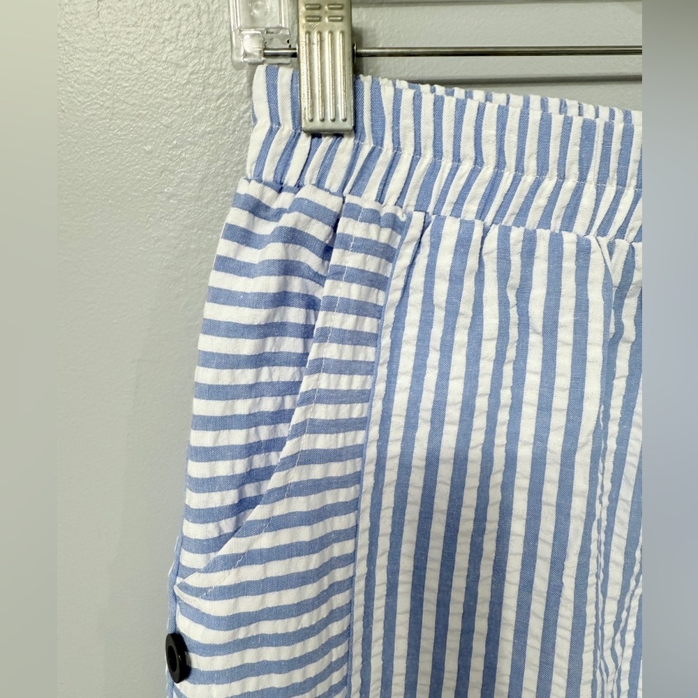#12)  Striped Blue and White Pants with Button Accents - Picture 5 of 11